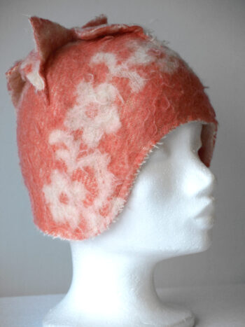 Salmon Pink Flower Hat | beanie of vintage blanket